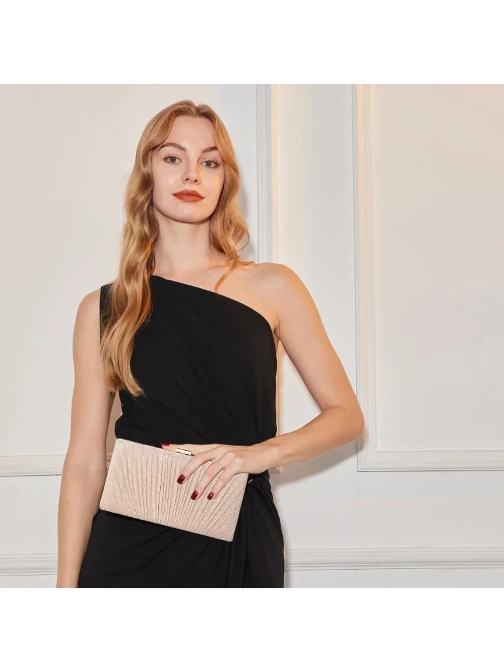 Women's Champagne Pleated Evening Handbag with Chain Prom Classic Clutch Purses